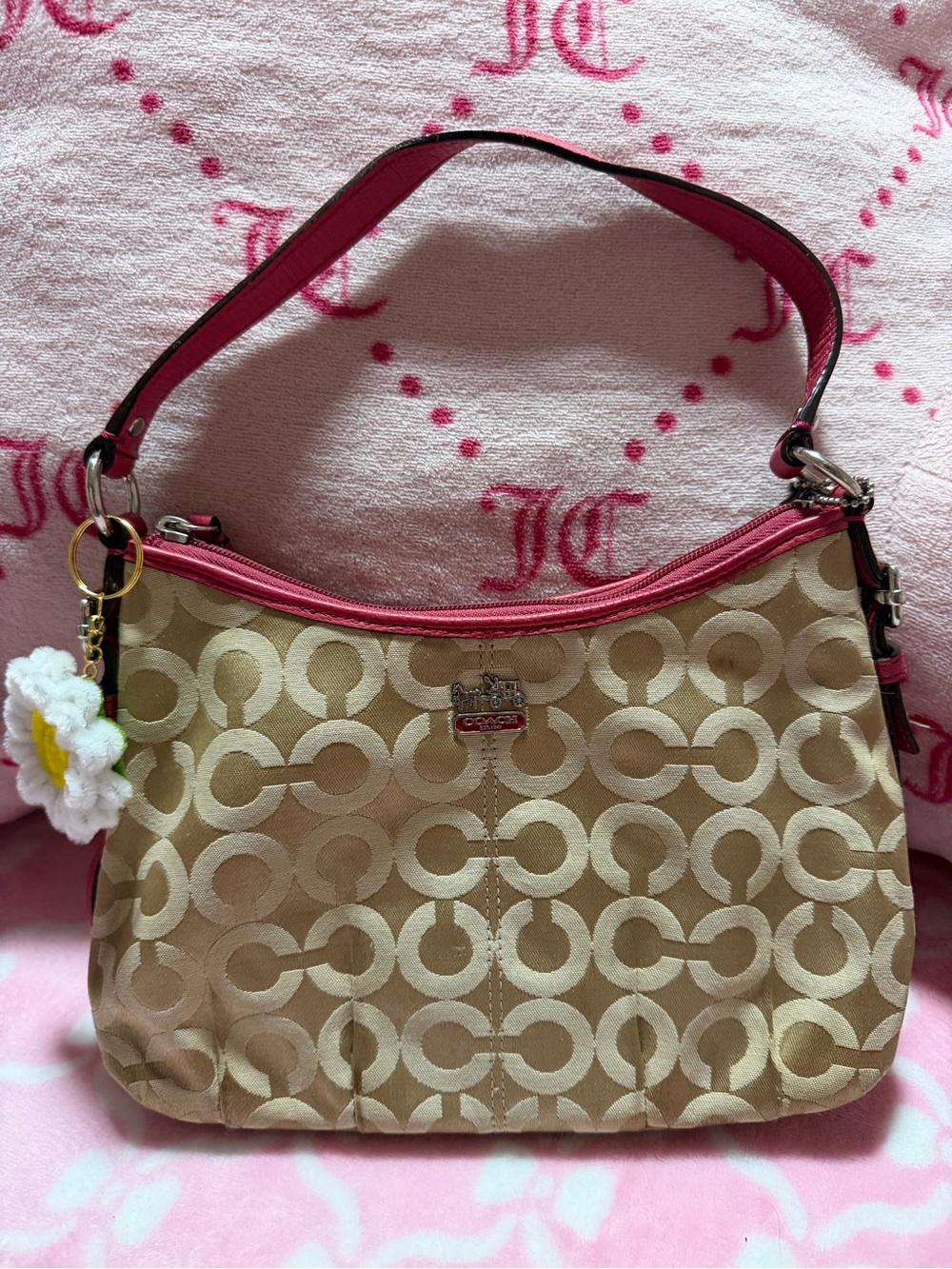 Coach Tan Signature Jacquard Shoulder Bag with Pink Leather Trim